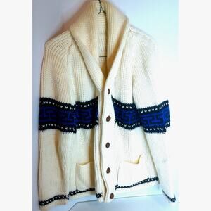 Vintage Heavy Chunky Hand Knit Cardigan Shawl Collar Greek Key Pattern L/XL